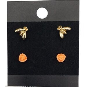 5/10 New 2 pair of gold tone bee and pink flower style fashion earrings